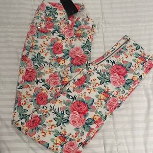 FLORAL FLOWER PATTERN SKINNY JEANS PANTS